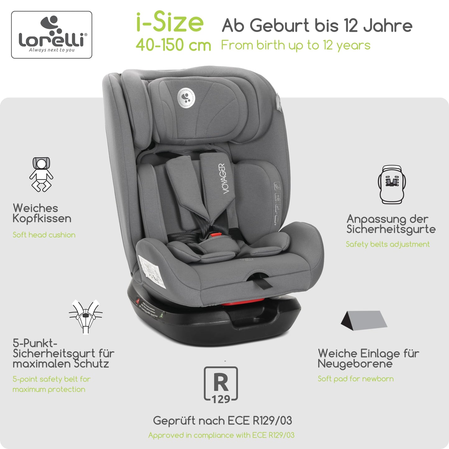 Lorelli Auto Kindersitz Voyager, Mitwachsender Autositz i-Size 40-150cm - Gruppe 0+/1/2/3 (0-36 kg), Babysitz ab Geburt, 5-Punkt-Gurt, Einstellbare Kopfstütze (Rosa) - Meloni2