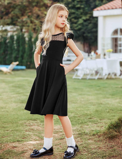 Arshiner Girls Dress Summer Dress Ruffle Short Sleeve Mesh A Line Casual Party Dresses with Pockets Kids Dresses for 6-13 Years 