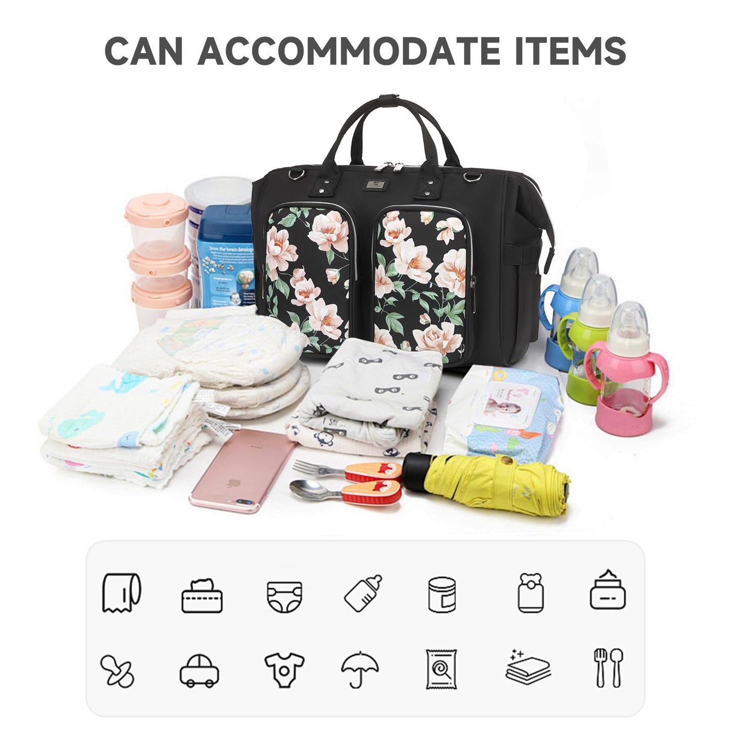 Wickeltasche mit wasserdicher Wickelunterlage und 2 Kinderwagen Haken verstellbare Schultergurt multifunktionale Umhängetasche Reisetasche für Unterwegs