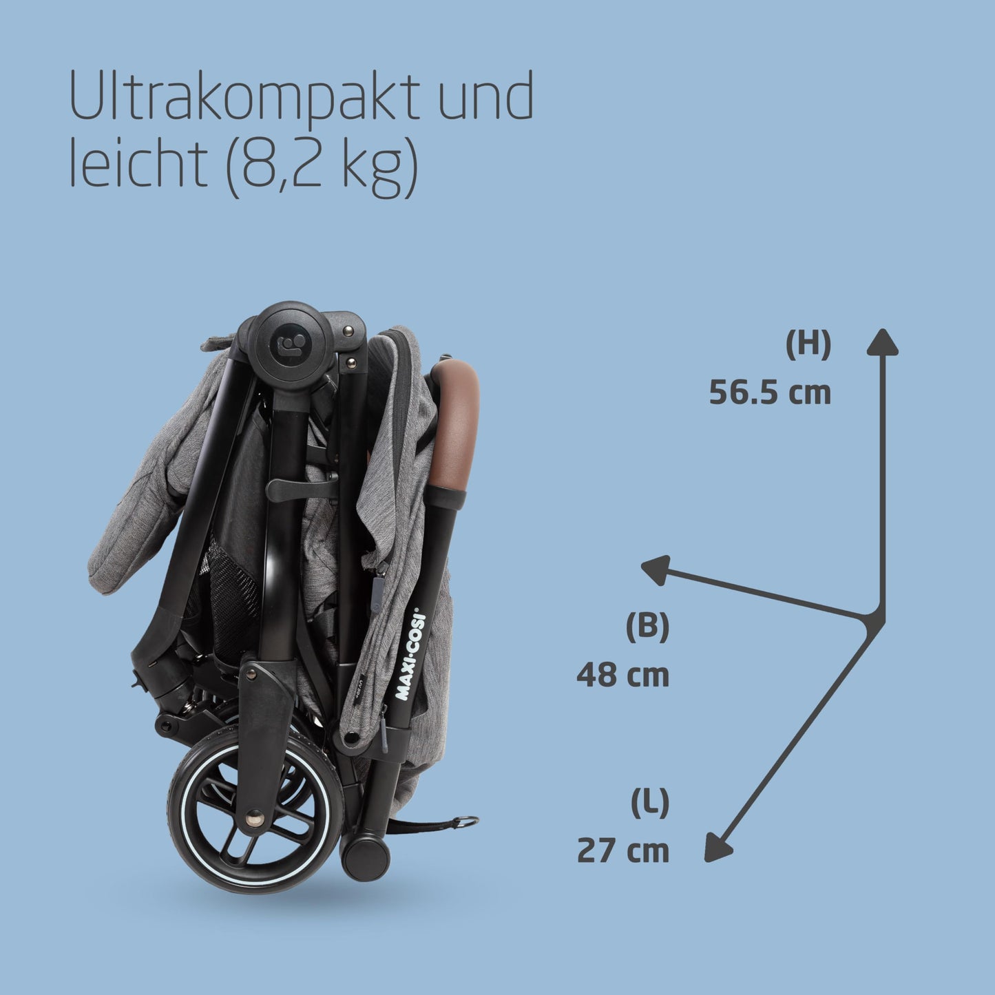 Maxi-Cosi Eva3 Pushchair, 0-4 Years, 0-22 kg, Baby Pram, Lightweight and Compact, Flat Reclining Position, 3 Reclining Positions, Automatic with 1 Hand Folding, Carry Strap, Select Grey