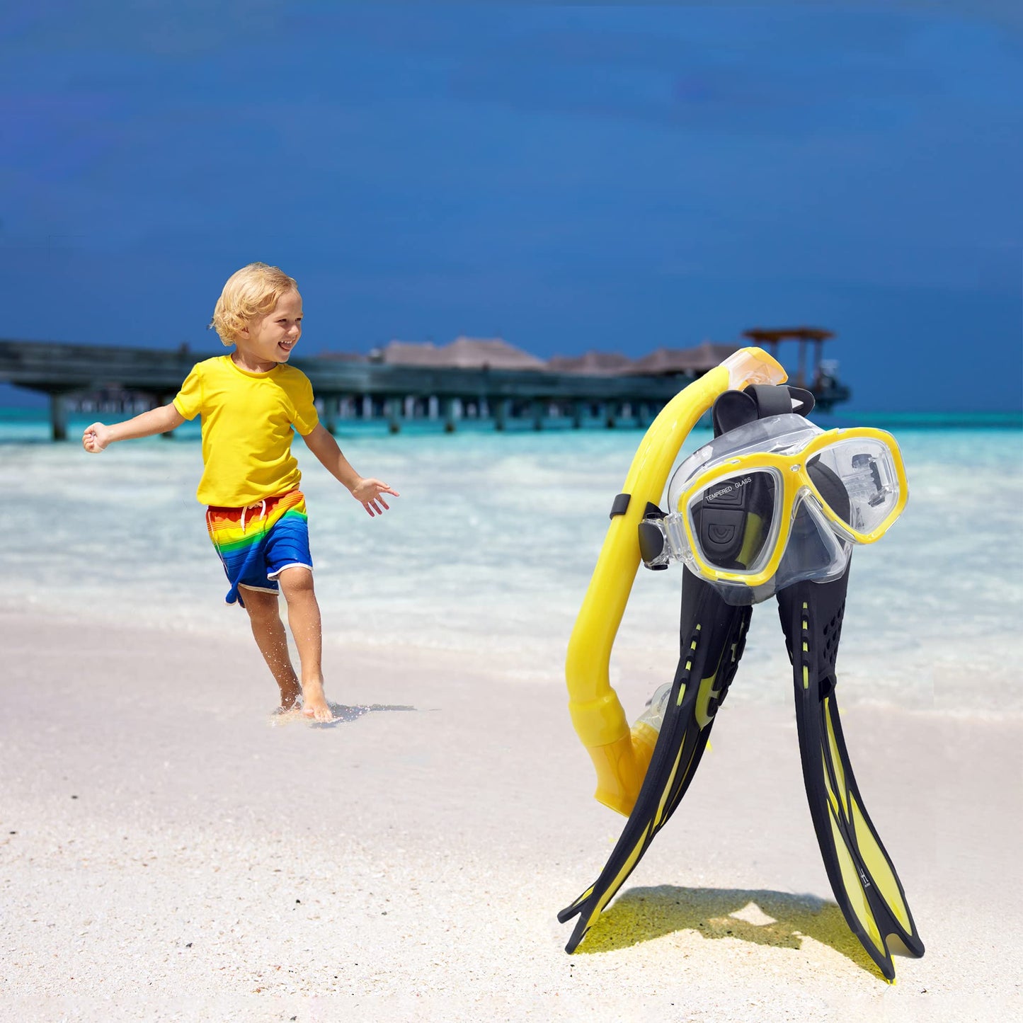 HH HHAO SPORT Children's snorkel set with fins, 180° panorama wide view diving goggles children, adjustable flippers, high-quality diving mask and dry top snorkel