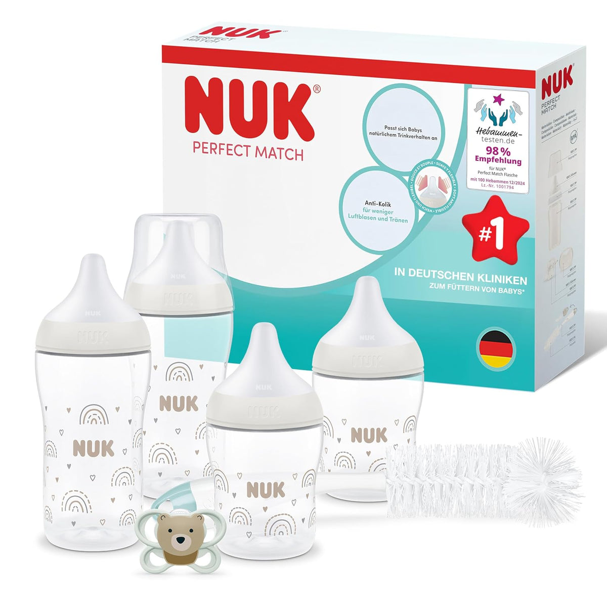 NUK First Choice+ Baby Bottle Starter Set | 0–6 months | 4 bottles with Temperature Control &amp; Bottle Box | Anti-Colic Air System | BPA-free | Disney Winnie the Pooh 