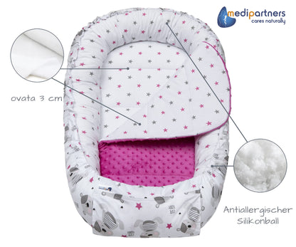 Medi Partners Babynestchen Babynest Set 100x60x15 Kuschelnest 5 teilig herausnehmbarer Einsatz Kokon Nestchen Babys Neugeborene 100% Baumwolle (REH mit Grauem Minky)