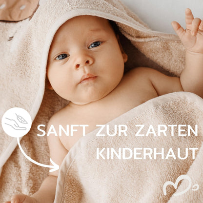 MIRARI Kids Babyhandtuch mit Kapuze und Waschlappen 100x100 cm – Handtuch Rentier aus 100% Baumwolle - REH Badetuch mit Kapuze - Geschenk Geburt - Baby Erstausstattung Neugeborenen Set