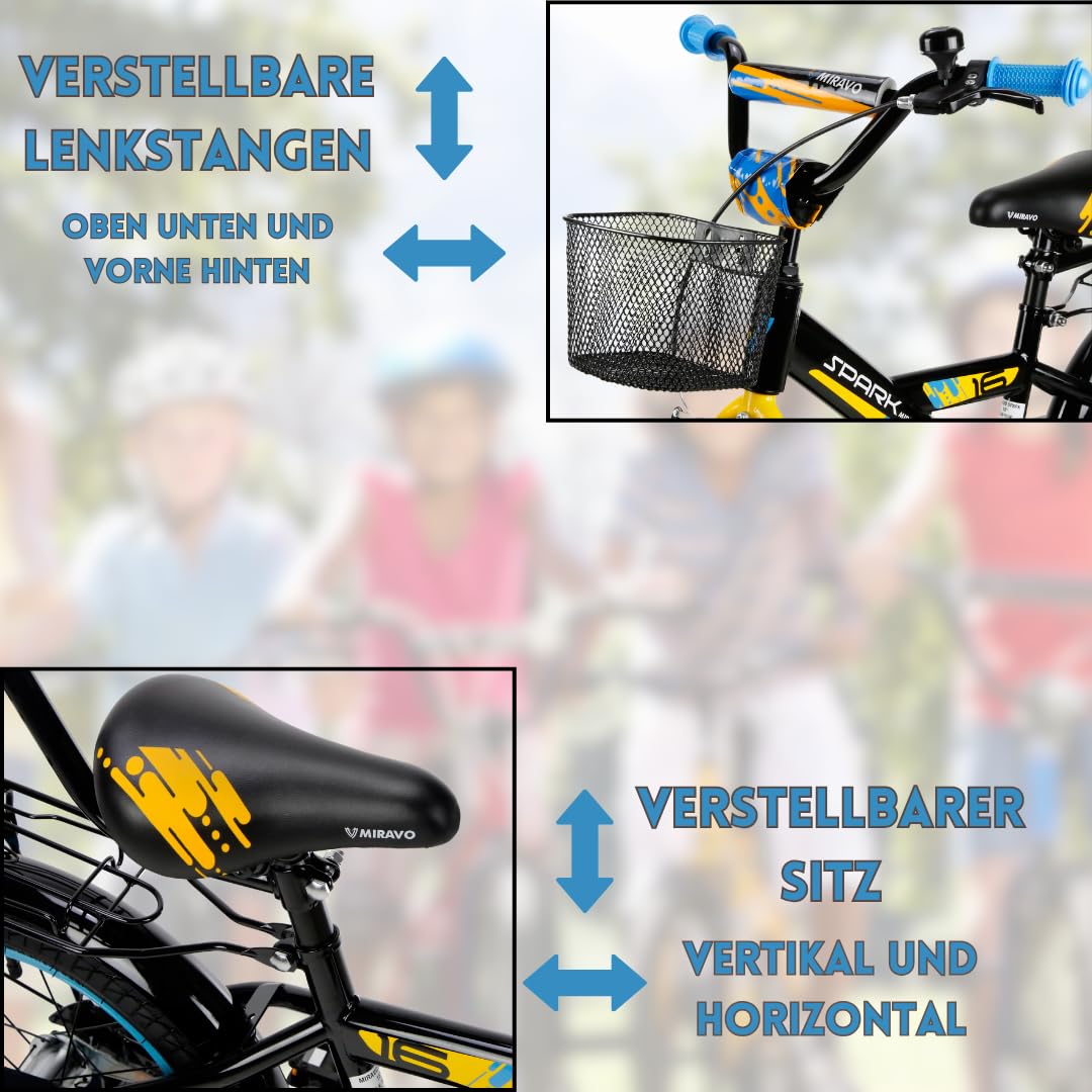 MIRAVO Kinderfahrrad Fahrrad Kinder Ab 2 Bis 8 Jahre Mit Stützrädern Schubstange V-Brake Bremsen Rückstrahl Aufkleber 12 16 20 Zoll Radgröße Korb Für Junge Spark - Meloni2