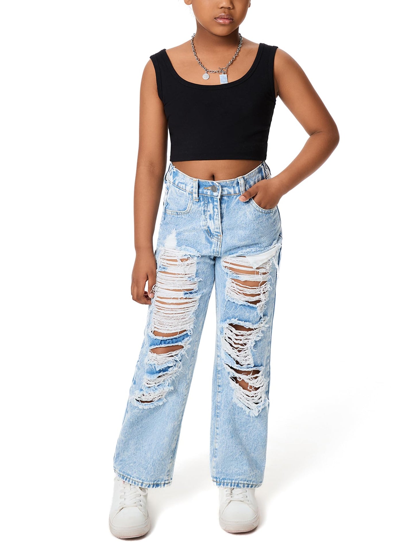 Happy Cherry Mädchen Jean Hosen Loch Wash Denim Blau Hose Kinder Elastische Taille Vintage Jeans Weites Bein Jeanshosen 130-160