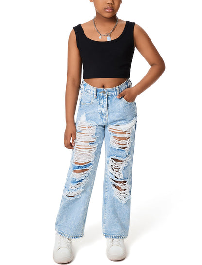 Happy Cherry Mädchen Jean Hosen Loch Wash Denim Blau Hose Kinder Elastische Taille Vintage Jeans Weites Bein Jeanshosen 130-160