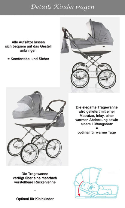 Kinderwagen-Set 2 in 1 Retro inkl. Sportsitz - 11 Teile - in 5 Farben