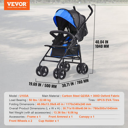 VEVOR Leichter Kinderwagen, kompakt, einfach zusammenklappbar, mit verstellbarer Rückenlehne, Rahmen aus Karbonstahl, großer Aufbewahrungskorb, Kinderwagen mit Schirm für Reisen und mehr, Schwarz/Pink - Meloni2