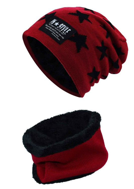 YR.Lover Momoon Dicke Beanie Hut +Schal Set Winter Warmen Schnee Knit Skull Cap für Kinder Jungen Mädchen