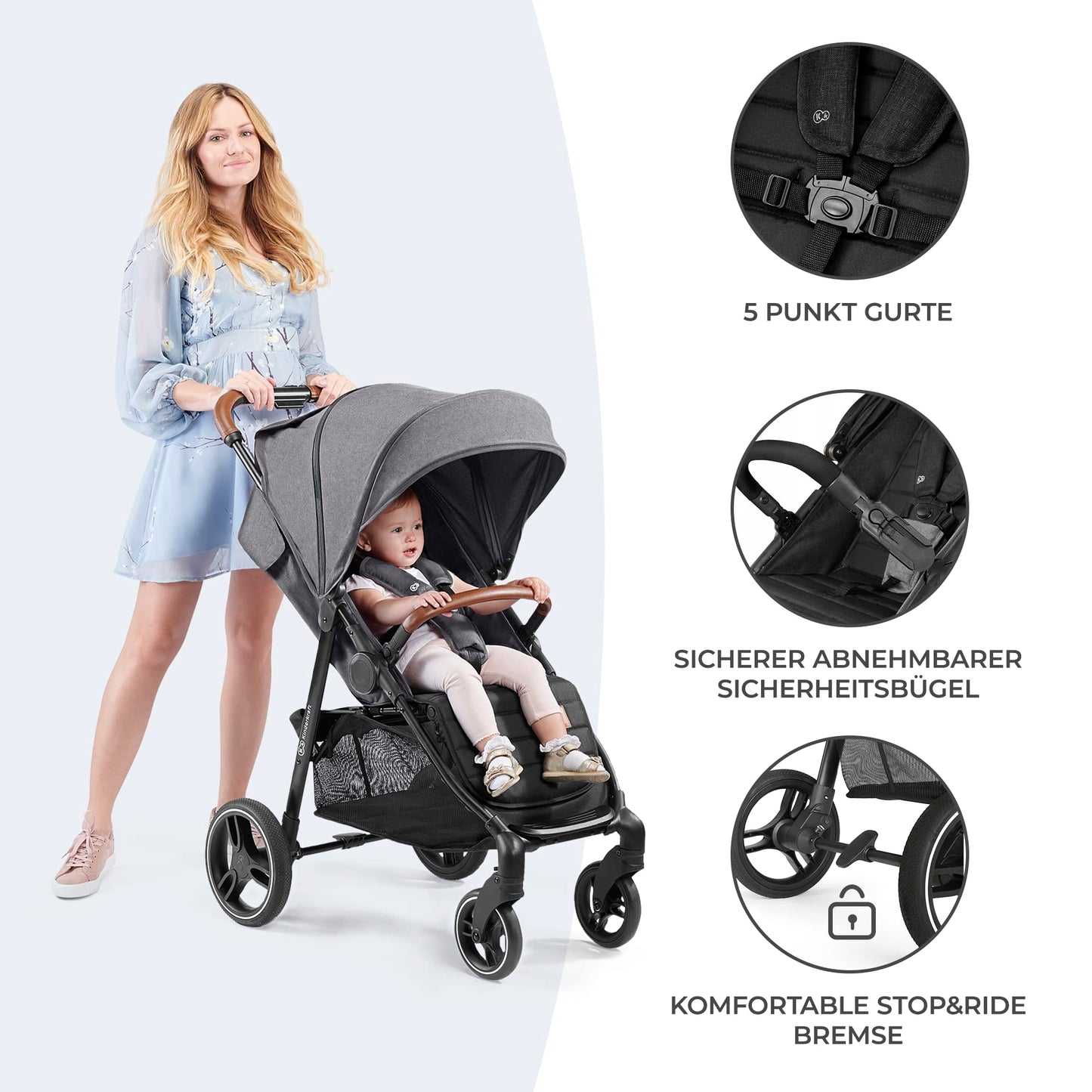 Kinderkraft GRANDE PLUS Kinderkraft Buggy von Geburt bis 22 kg, Zusammenklappen mit einer Hand, Liegeposition, großes Verdeck mit Fenster, alle 4 Räder gedämpft, geräumige Sitz, Grau - Meloni2