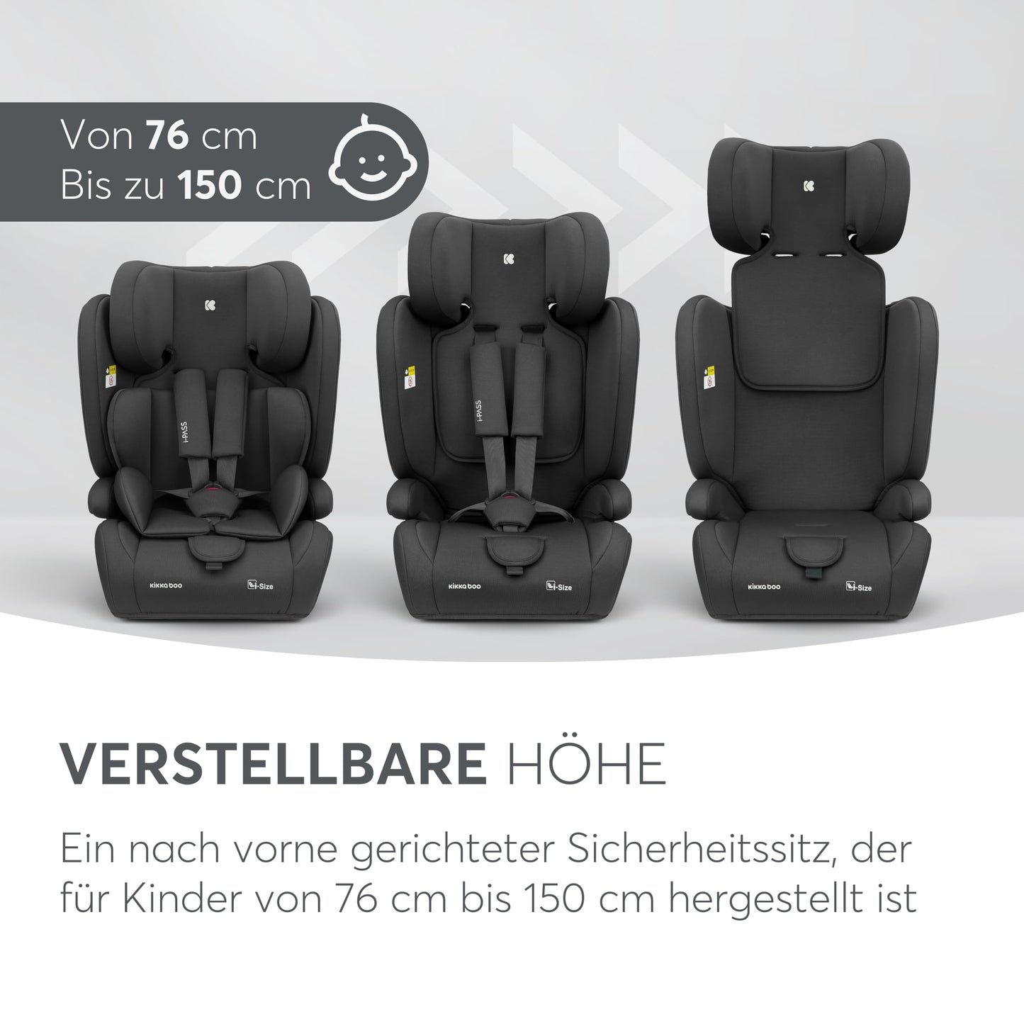 KikkaBoo i-Pass, Kindersitz 9–36 kg, Gruppe 1/2/3 Auto Kindersitz für Kinder 76–150 cm (15 Monate – 12 Jahre), i-Size, 13-fach verstellbare Kopfstütze, Schwarz - Meloni2