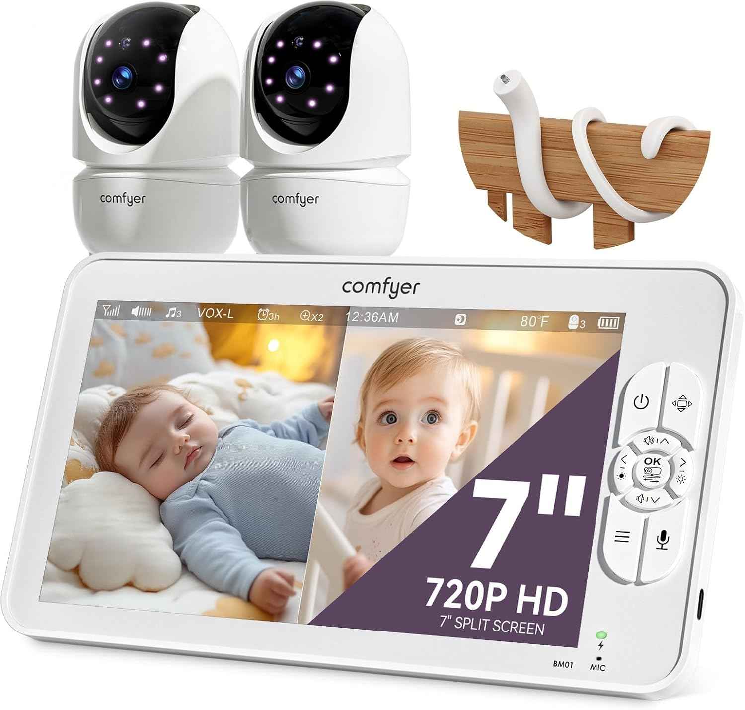 Comfyer BM01 Split-Screen Babyphone mit 2 Kameras, 7" HD 720P ohne WLAN mit Halterung, IR-Nachtsicht VOX-Modus mit Sound-Alarm 2-Wege-Audio 6000mAh 300M Reichweite Videoüberwachungsgerät