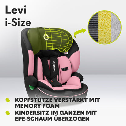 LIONELO LEVI I-SIZE 76-150 cm Kinderautositz, Gruppe 1 2 3, Seitenschutz, 10 Grad Kopfstützenverstellung Bequeme Armlehnen Verstellbare Rückenlehne, R129 i-Size