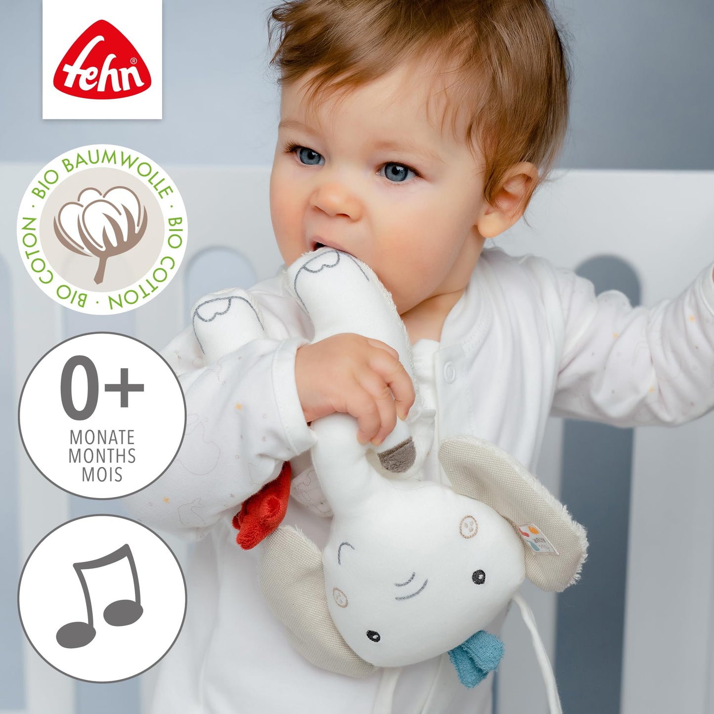 Fehn Spieluhr Baby Einschlafhilfe Schaf - Kuscheltier mit sanfter Einschlafhilfe Melodie "Guten Abend, gut´ Nacht" - Babyspielzeug für Unterwegs und Zuhause - Musikspielzeug für Babys und Kleinkinder