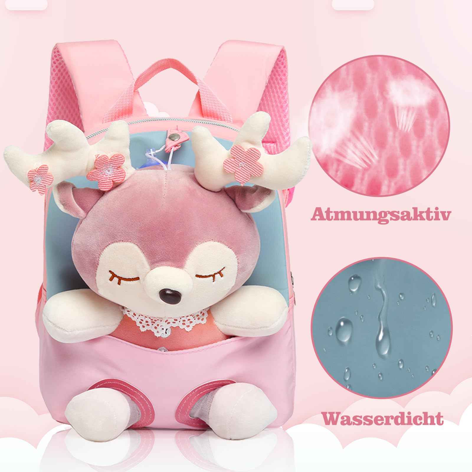 MIDSuN Small Children's Backpack, Removable Plush Doll, Nursery Backpack, Deer Nursery Backpack, Children's Bag for 2-5 Years, Nursery Boys and Girls