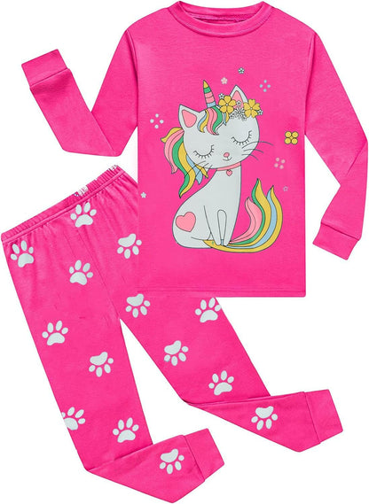EULLA Kinder Mädchen Schlafanzüge Langarm Baumwolle Winter Pyjama Set Einhorn Prinzessin Dino Hase Eule Zweiteilig Nachtwäsche 1-10 Jahre 92 98 104 110 116 122 128 134 140