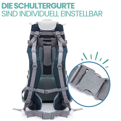 Fillikid Rückentrage - Rücken Babytrage mit Sonnenschutz, Gurt, Kinder Rucksack und Staufächern - Kraxe zum Wandern mit Baby und Kleinkind, bis 18 kg - Blau Grau