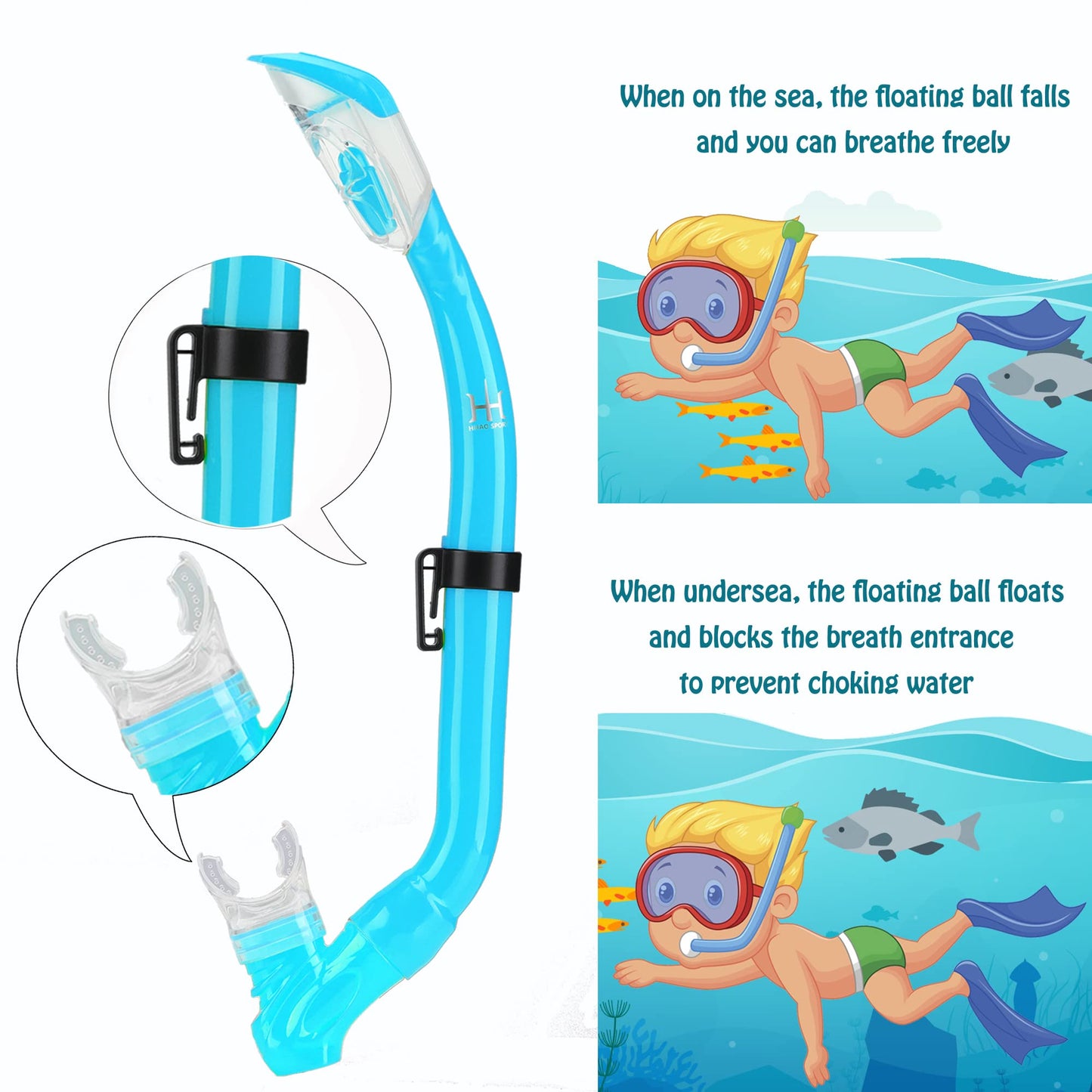 HH HHAO SPORT Children's snorkel set with fins, 180° panorama wide view diving goggles children, adjustable flippers, high-quality diving mask and dry top snorkel