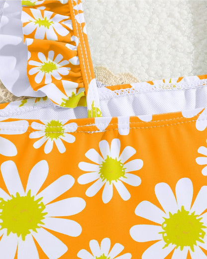 JiAmy Einteiliger Mädchen Badeanzug Blumenmuster Rüschen Elastischen Trägern Ärmellos Kleinkinder Schwimmkleidung für 2–7 Jahre/92-122