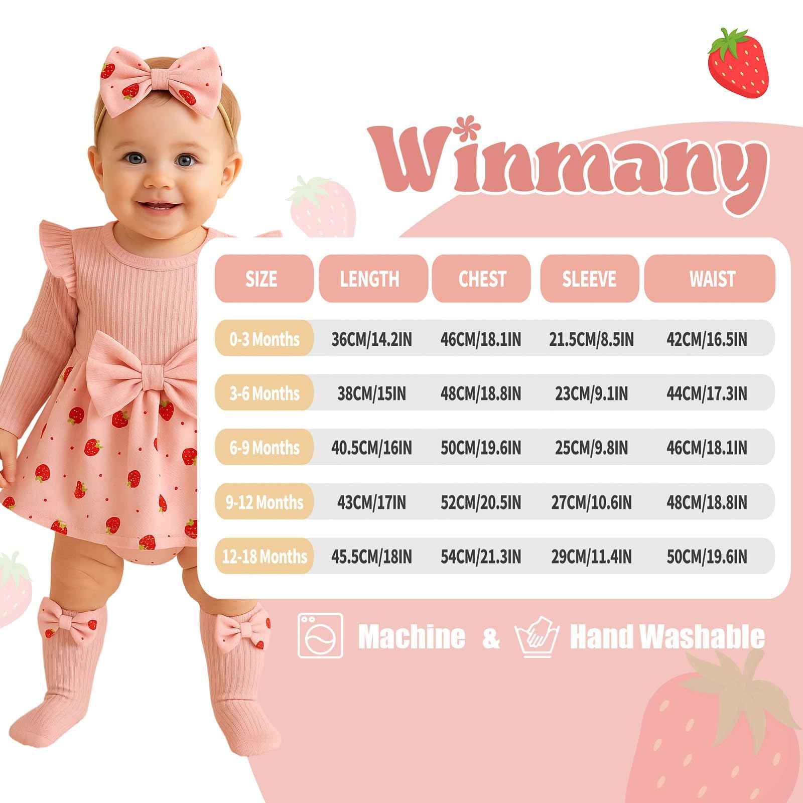 Winmany Strawberry Baby Girls Bodysuit with Sock Bow Headband Newborn Long Sleeve Bodysuit Autumn Winter Spring Jumpsuit Photography Props Clothes