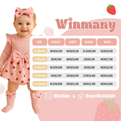 Winmany Strawberry Baby Girls Bodysuit with Sock Bow Headband Newborn Long Sleeve Bodysuit Autumn Winter Spring Jumpsuit Photography Props Clothes