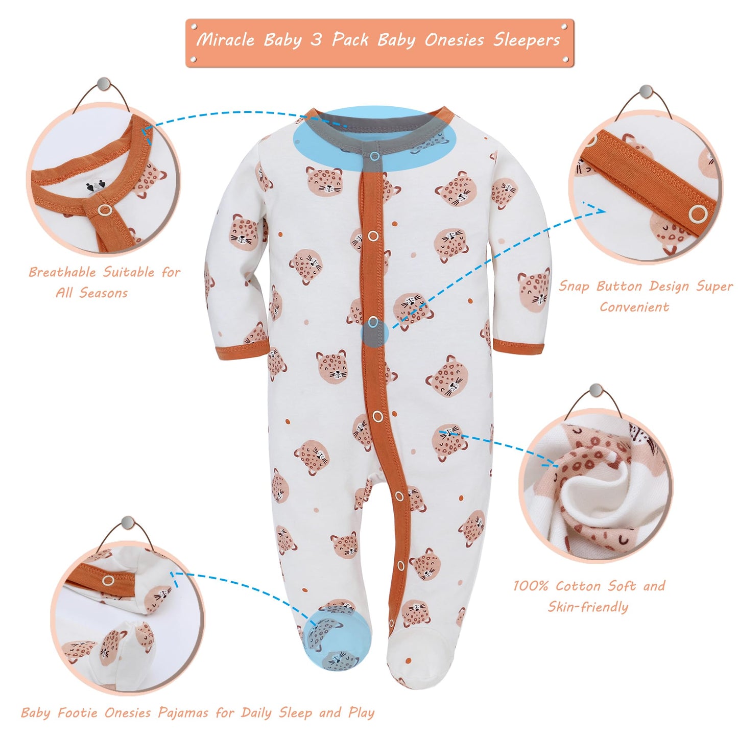 Babyschlafstrampler Baumwolle mit Füßen mit Knöpfen Größe 56 62 68 cm für Jungen Mädchen Neugeborene 3er Pack