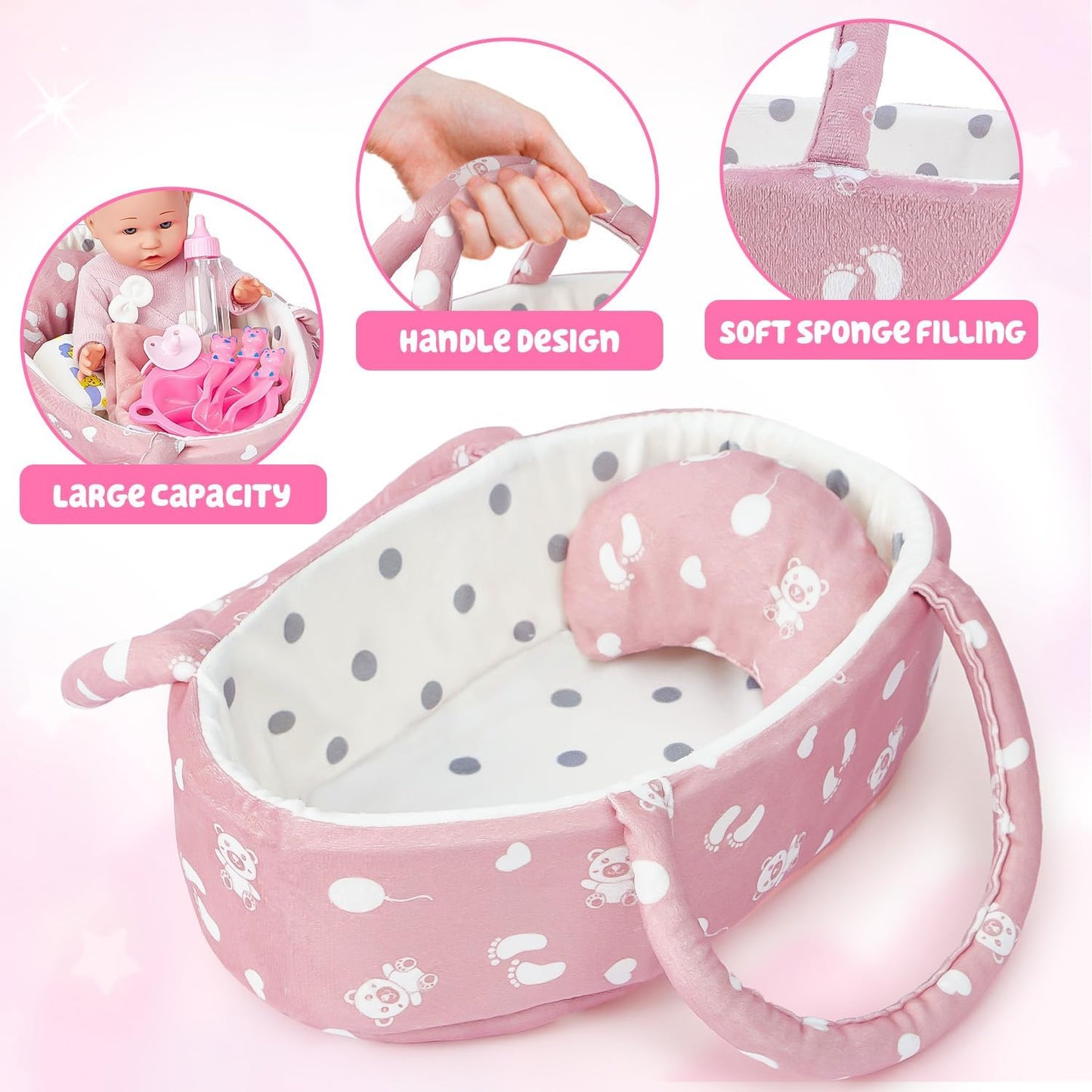 vamei Puppenzubehör Puppen Zubehör mit Puppenbett Puppenwindeln für 36cm Puppen, Tragbares , Geschenk für Mädchen Junge ab 3 Jahren, Rollenspiel Spielzeug