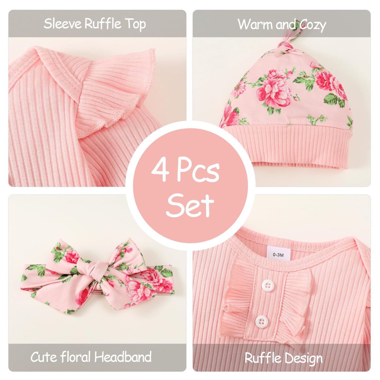 Neugeborenes Baby Mädchen Kleidung Kleinkind Gerippte Rüschen Langarm Strampler + Floral Hosen + Stirnband Nette Herbst Outfit Set
