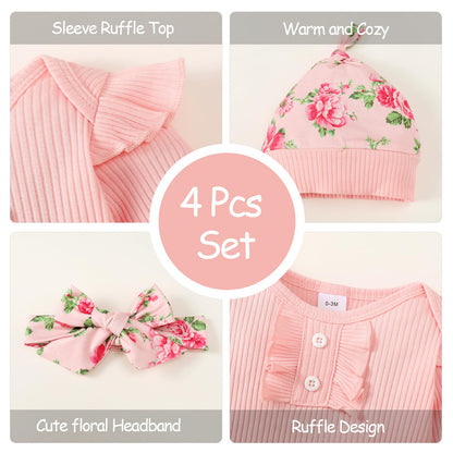 Neugeborenes Baby Mädchen Kleidung Kleinkind Gerippte Rüschen Langarm Strampler + Floral Hosen + Stirnband Nette Herbst Outfit Set