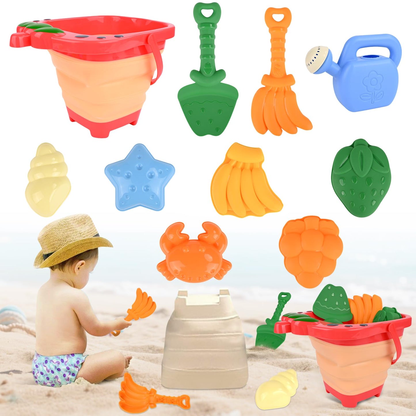 Euakee Sand Toy for Children, 11 Pieces Sand Toys with Foldable Bucket, Sanity Toy Set, Sand Toy Beach, Sandpit Toy for Children 3 4 5 6 7 Years (Orange)