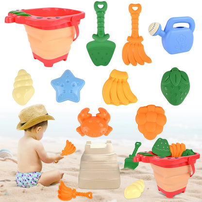 Euakee Sand Toy for Children, 11 Pieces Sand Toys with Foldable Bucket, Sanity Toy Set, Sand Toy Beach, Sandpit Toy for Children 3 4 5 6 7 Years (Orange)