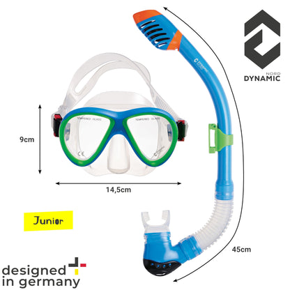 DYNAMICNORD - Kinder Schnorchelset – Designed in Germany – Profi Silikon 2er Set Tauchset Schnorchelset für Kinder (Taucherbrille, Trocken Schnorchel & Netztasche) mit Dry Schnorchel & Sicherheitsglas