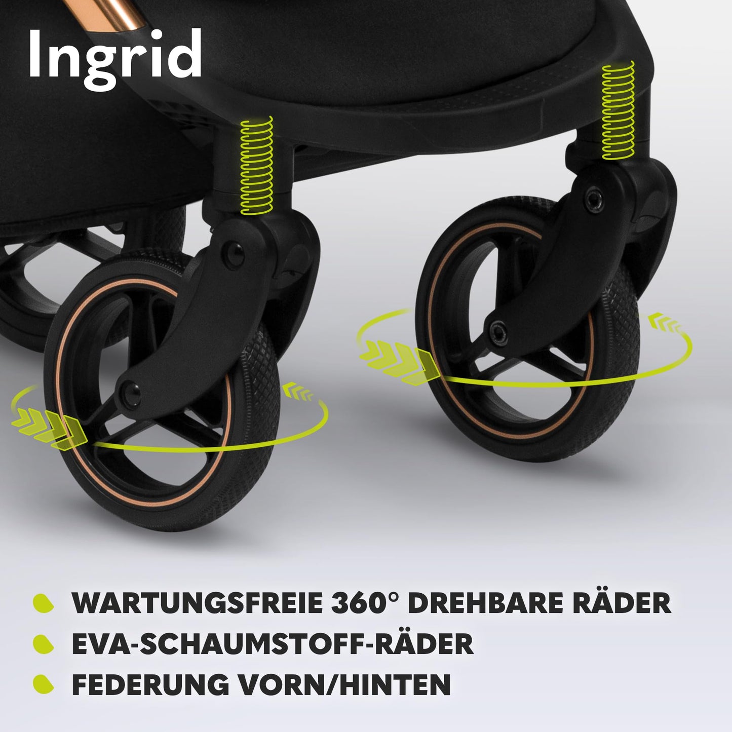 LIONELO INGRID Kinderwagen bis 22 kg von 6 Monaten bis 4 Jahren Große 360° schwenkbare Räder Volle Federung Einhändig zusammenklappbar Verstellbare Rückenlehne und Fußstütze Großes XXL-Verdeck