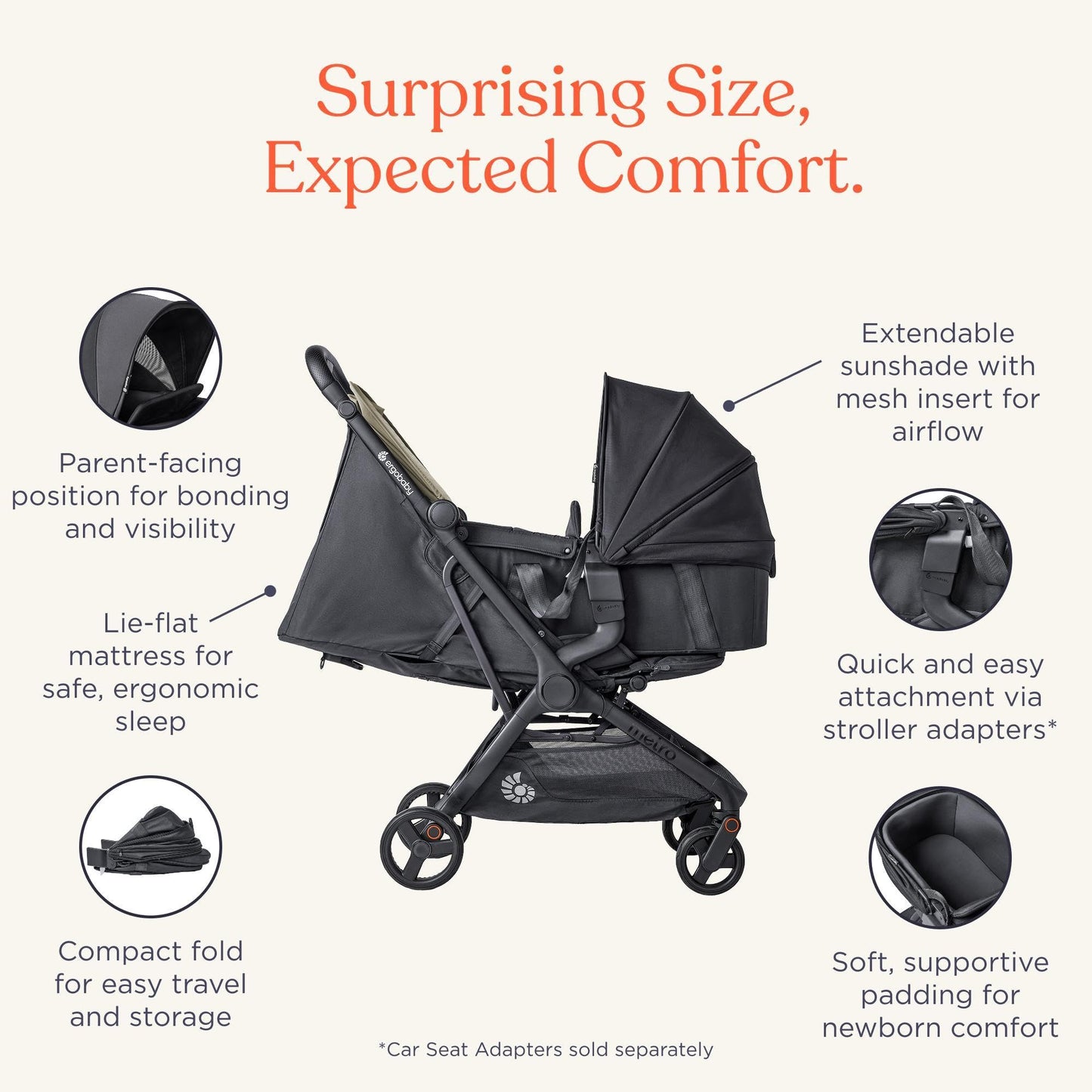 Ergobaby Metro3 Kinderwagen Buggy mit Liegefunktion, Baby-Buggy ab Geburt bis 22kg (0-4 Jahre), Zusammenklappbar und Autositz Kompatibel, höhenverstellbarer Griff, ergonomischer Sitz, Graphite Grey