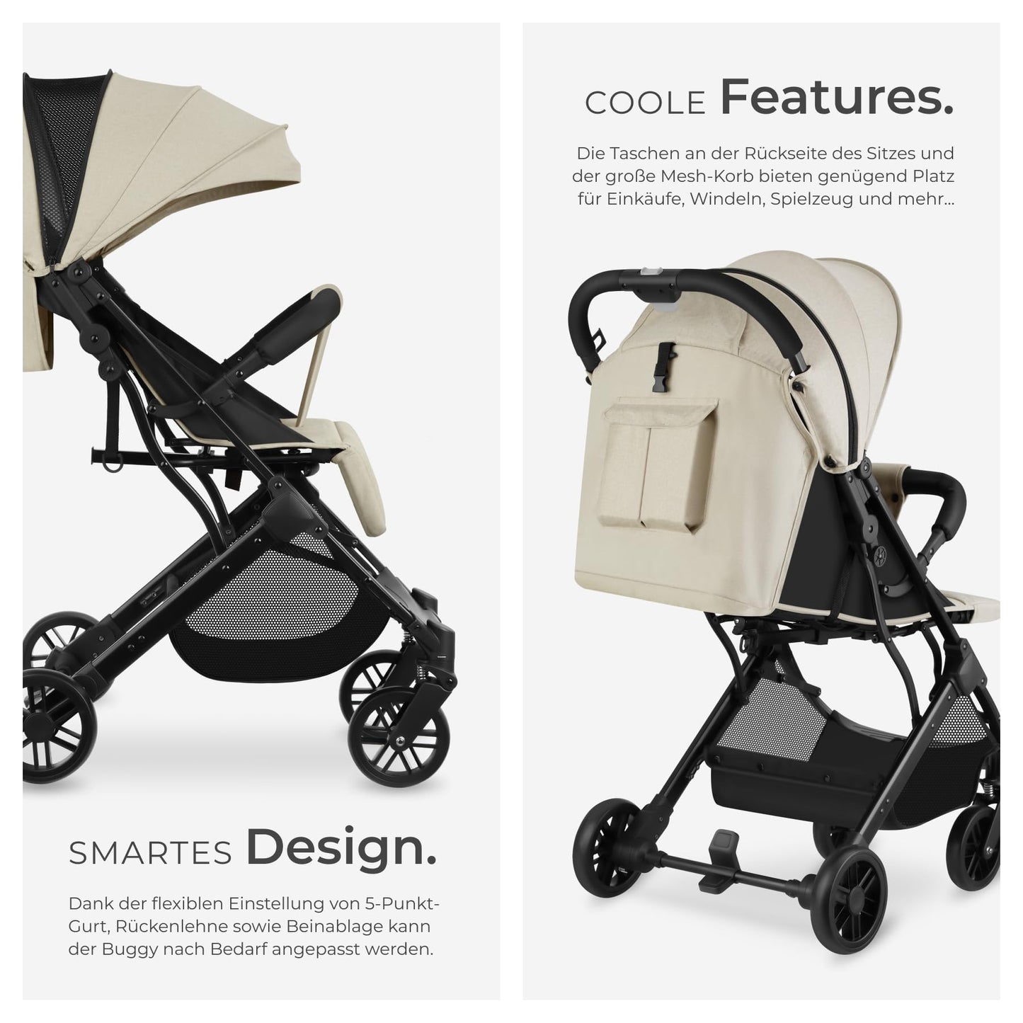 tectake® Buggy Kinderwagen von 0 bis 3 Jahre, Wagen für Baby Erstausstattung Neugeborene und Kinderbuggy, einhändig faltbarer Reisebuggy, Reisekinderwagen, Baby Wagen mit Verdeck - grau/beige - Meloni2
