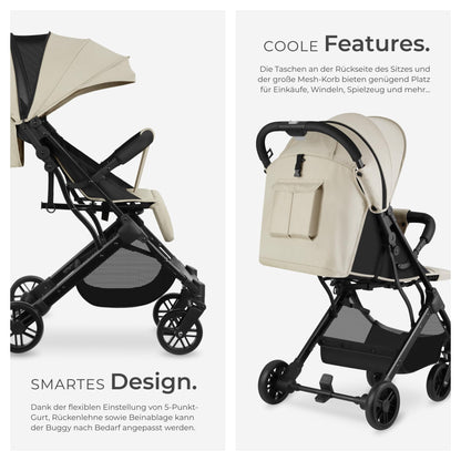 tectake® Buggy Kinderwagen von 0 bis 3 Jahre, Wagen für Baby Erstausstattung Neugeborene und Kinderbuggy, einhändig faltbarer Reisebuggy, Reisekinderwagen, Baby Wagen mit Verdeck - grau/beige - Meloni2