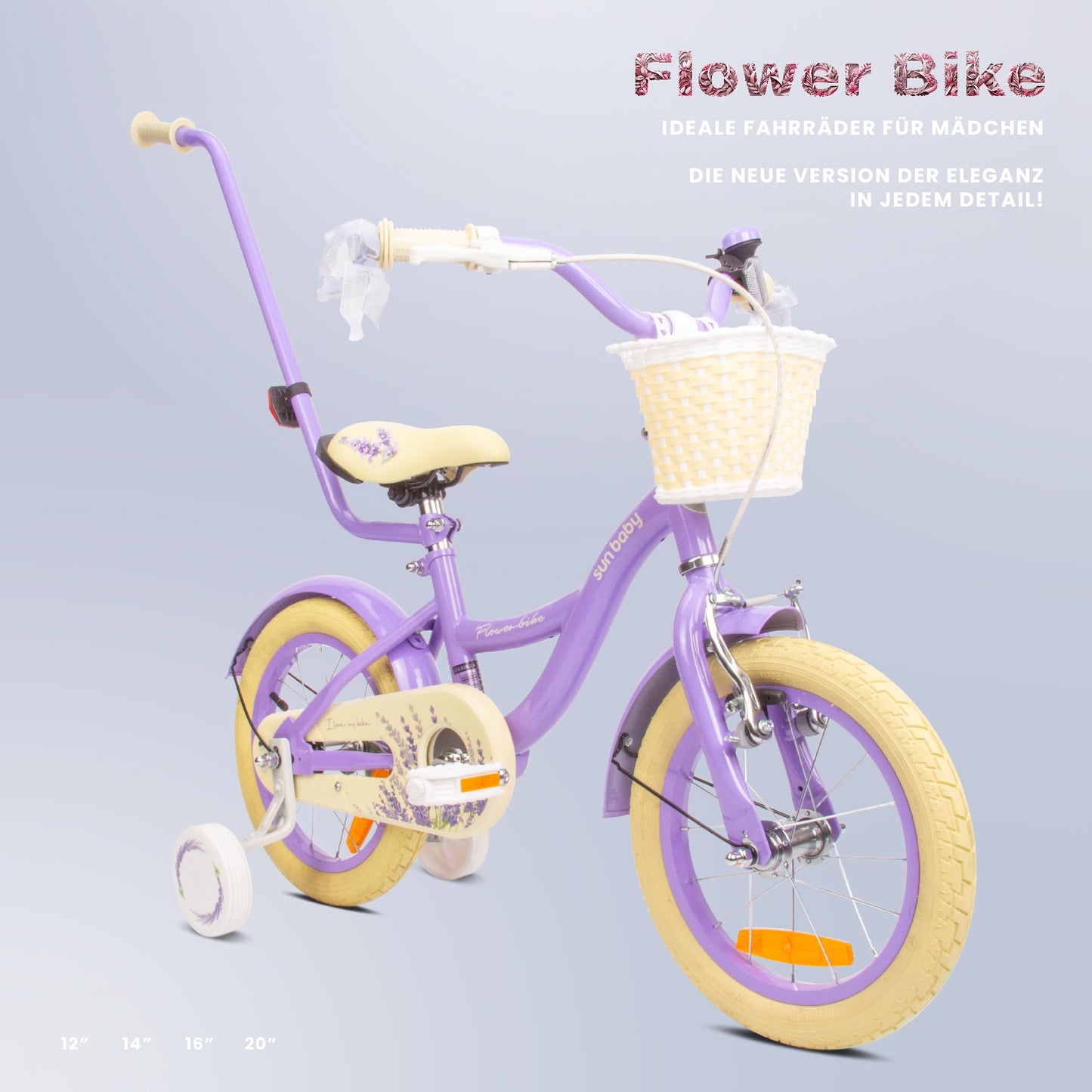 sun baby Mädchenfahrrad Flower Bike Radgröße zur Auswahl, mit Abnehmbarer Schubstange, Kinderfahrrad für Mädchen von 2 bis 6 Jahre
