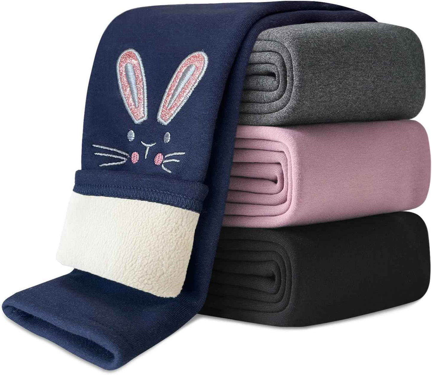 Domee Girls' Leggings Lined Thermal Trousers Warm Winter Cotton Embroidered Rabbit