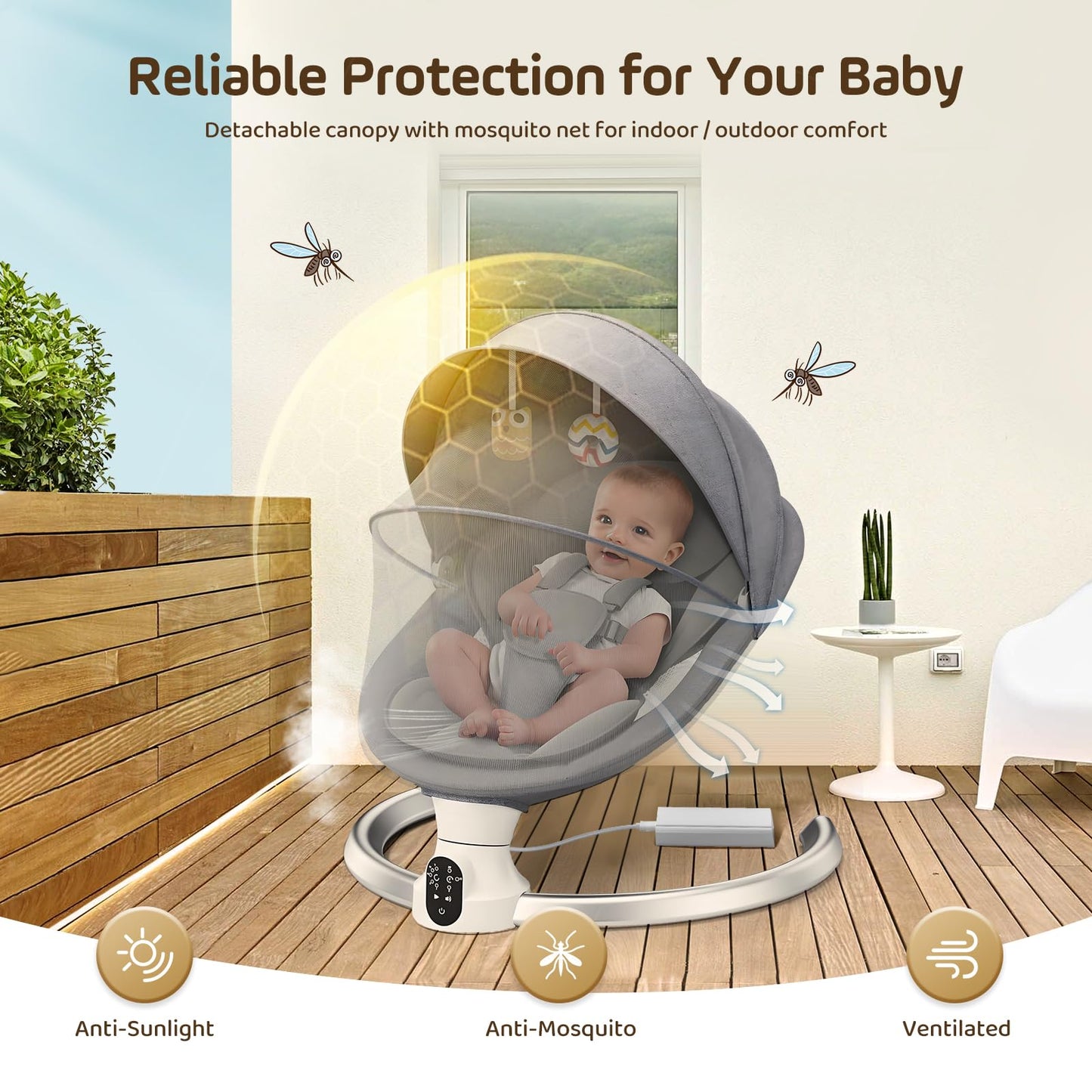 Hlieeosfcn Babywippe für Kinder,Babywippe Elektrisch mit 5 Natürlichen Schaukelgeschwindigkeiten,Elektrische Babyschaukel mit Musik, Nutzbar ab der Geburt bis ca. 6 Monaten,Fernbedienung,Grau