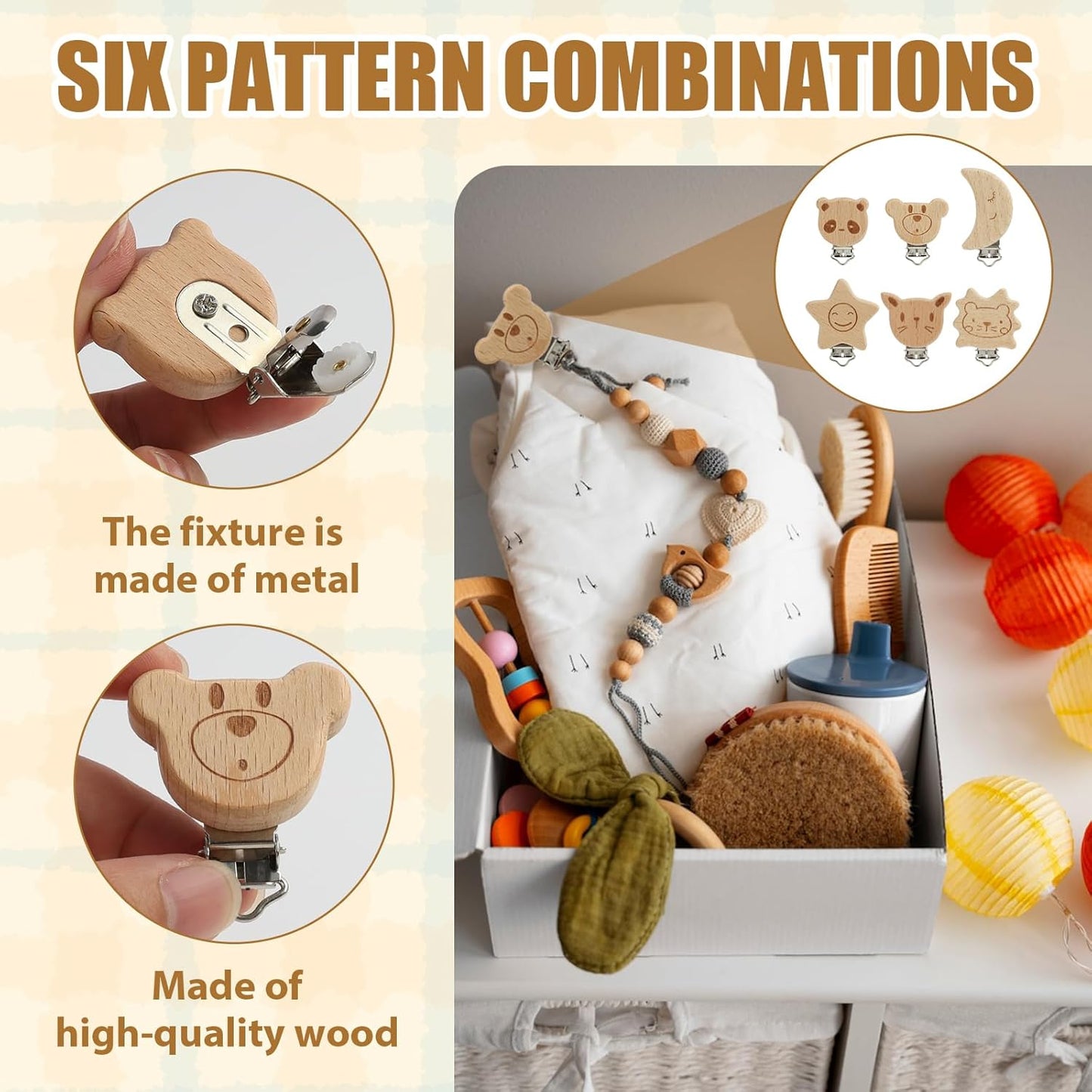 LEIBOCHAO 6 Stück Schnullerkette Holz Tierdesign mit Naturholz & Metall, Schnullerclip Holz für Schnullerkette, Babywagen, Kleidung – DIY Bastelset, Umweltfreundliches Babygeschenk (3-5 cm)