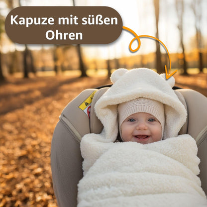 Kuschelige Boucle Einschlagdecke für Babyschale & Kinderwagen – warme Babydecke beidseitig mit Kapuze für Neugeborene – Premium Teddy für den Winter 90×90 cm Hellgrau
