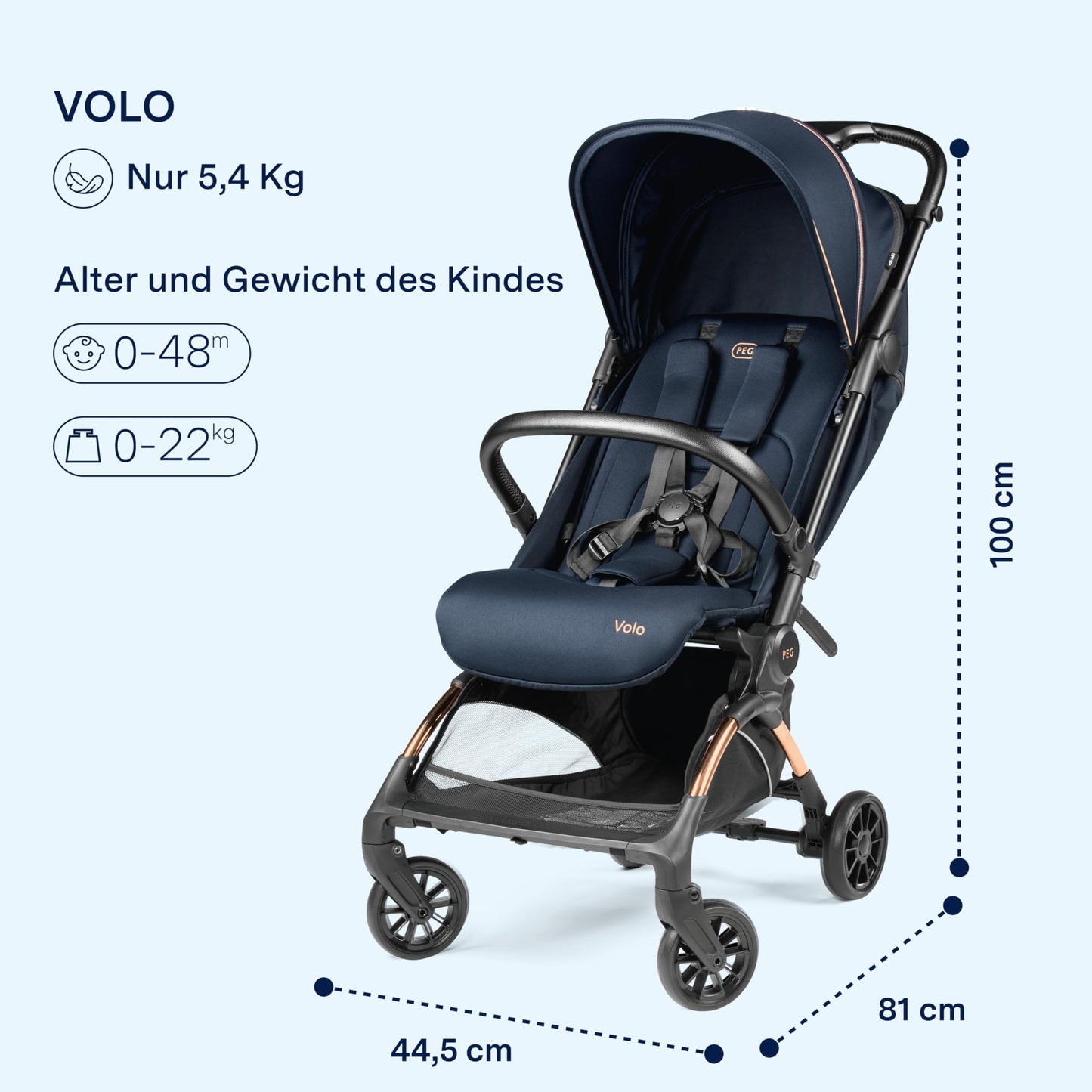 PEG Leichter Buggy Volo mit Regenschutz, Handgepäckgröße, Flugzeuggeeignet, Kompakt, Ab Geburt bis 22 kg, Reisetasche Inklusive, Malva