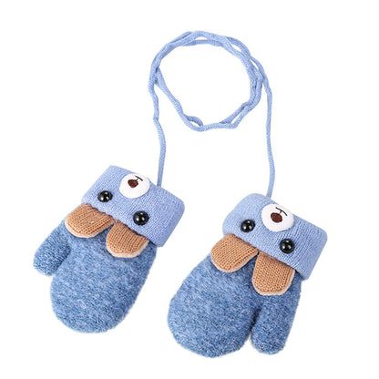 Kids Winter Gloves Mittens Baby Cartoon Mitten Neck Gloves Thick Double Knitted Glove with Plush,0 - 3 years old, Playing, Running, Skiing