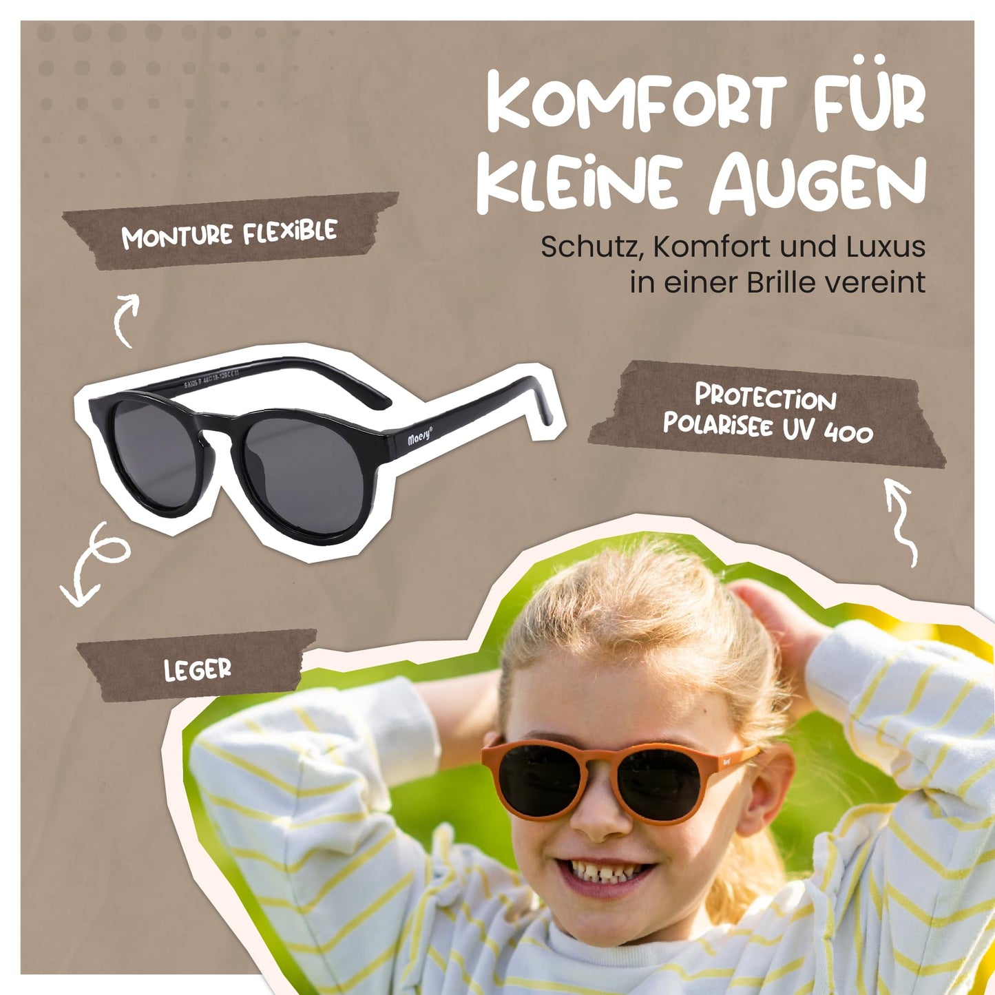 Maesy Faela Kindersonnenbrille für 3-6 Jahre - UV400 polarisierter Schutz - Flexibler und flexibler Rahmen - Sichere und bequeme Kindersonnenbrille für Kleinkinder