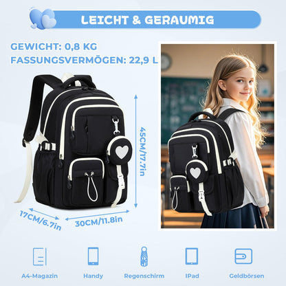 Schulrucksack Teenager Mädchen 22,9L mit Abnehmbarem Münzbeutel | Reflektierende Sicherheitsstreifen,S-förmige Wirbelsäulenstütze,Wasserfestes Gewebe,Wabenbelüfteter Rücken