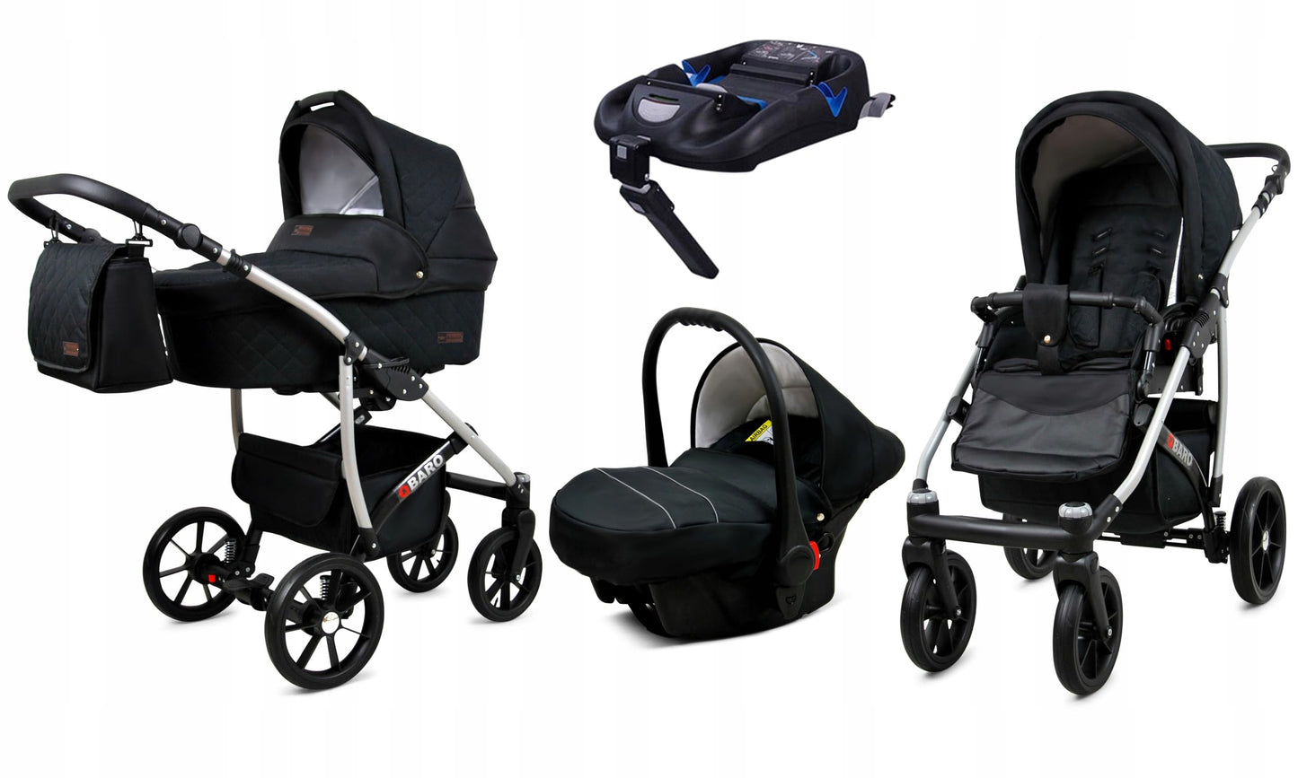 BabyLux® Bambimo Qbaro 3-in-1 Pushchair Set Including Baby Carrycot, Buggy Sports Seat, Car Seat - Car Seat - Pram Set - Combination Pram with Changing Bag, Rain Cover etc. 