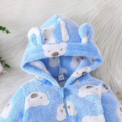 Yanmucy Newborn Baby Winter Romper with Hood Cartoon Bear Baby Snowsuit Warm Fleece Zip Baby Girl Boy Jumpsuit 0-18 Months