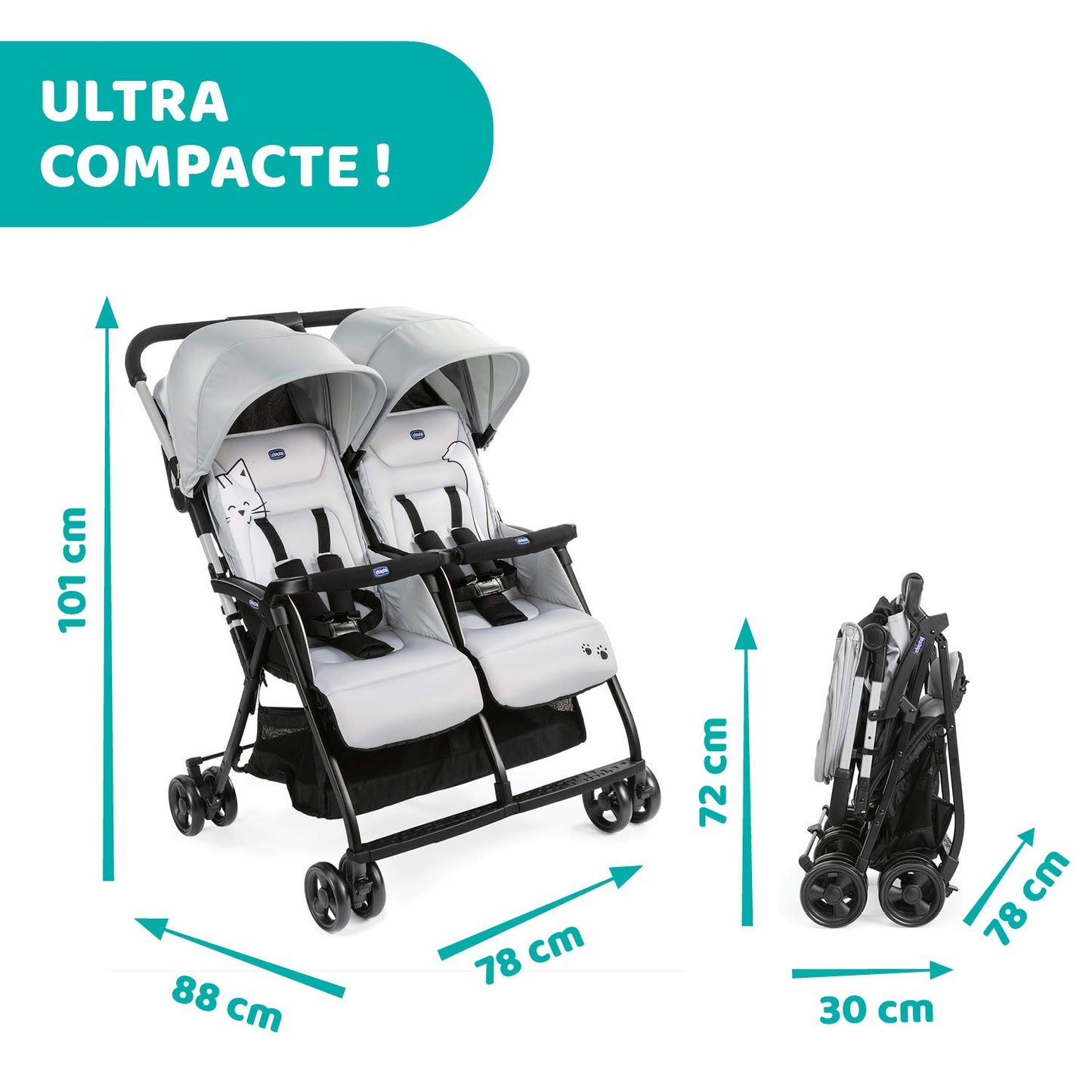 Chicco OHlalà Twin Twin Pushchair from Birth to 15 kg, Pram for Twins and Siblings, Adjustable Foldable Twin Buggy, Rain Cover and Extendable Hood