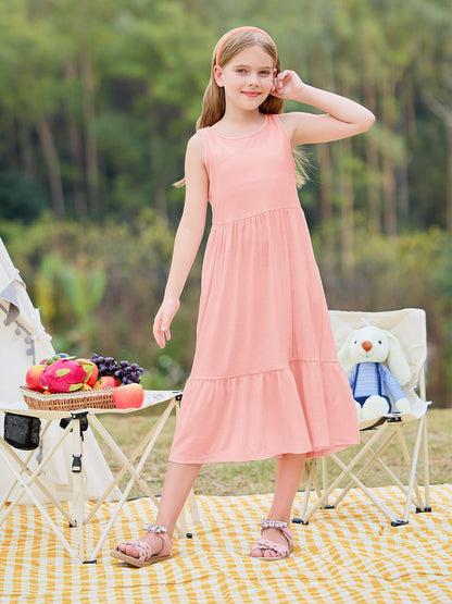 Haloumoning Girls' Dresses Summer Sleeveless Dress Round Neck Tank Top Dress Kids Long Casual Dress Sundress